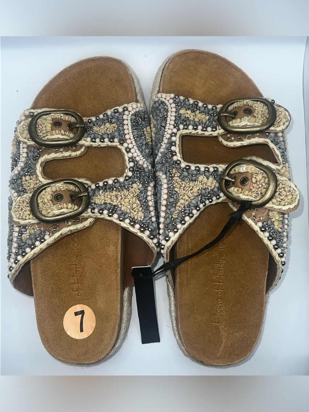 House of Harlow 1960 Beaded Slide Sandals in Beige & Gray